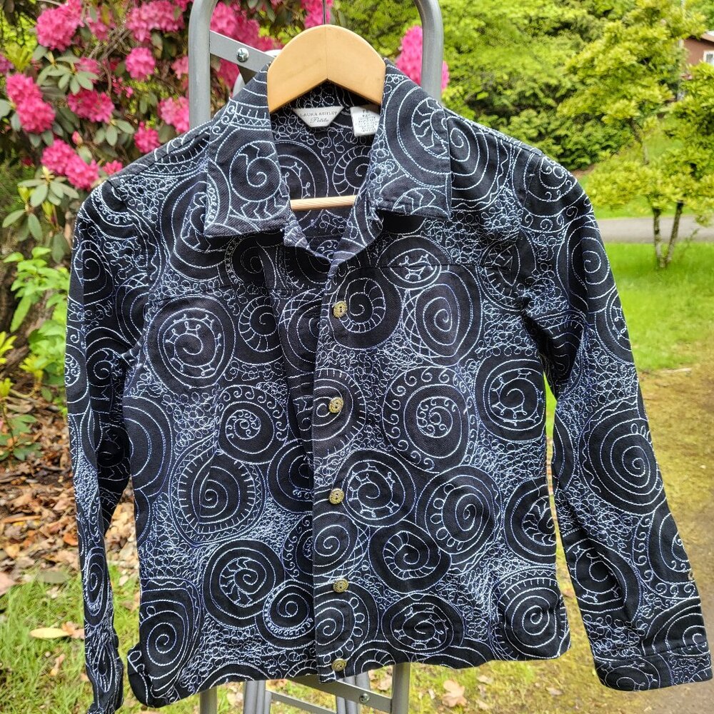 Laura Ashley black and white embroidered jean jacket, size petitesmall